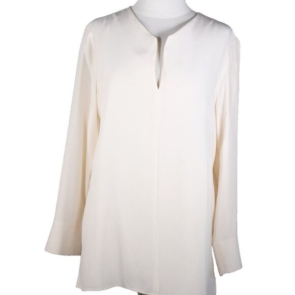 Lafayette 148 Women's Large Ivory Silk Long Sleeve Slit V-Neck Blouse Tunic Top - Picture 3 of 7